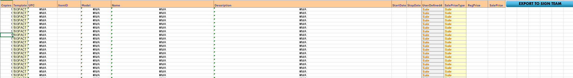SALE MASTER tab with Copies, Template, UPC, ItemID, Model, Name, Description, StartDate, StopDate, UserDefined4, SalePriceType, RegPrice and SalePrice columns, rows showing #N/A, and the Export to Sign Team button